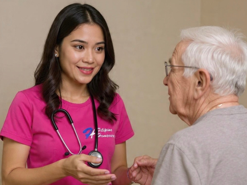 Filipino homecare nurse taking vital signs for senior client