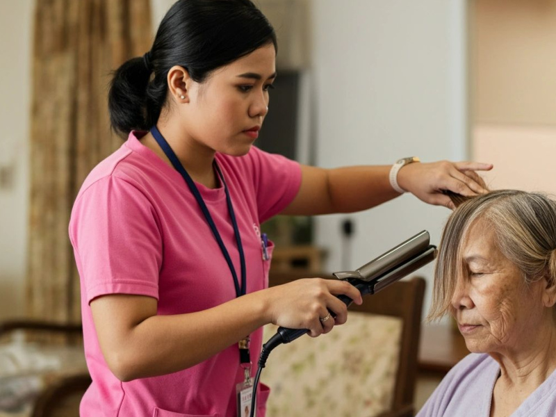 Caregiver providing personal care support to senior